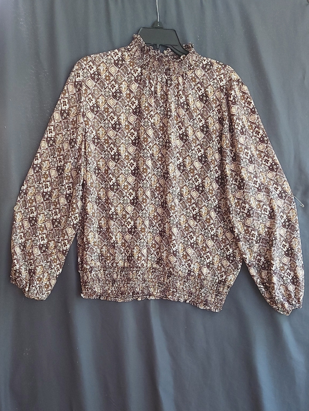Women's Brown Mosaic Smocked-Neck Blouse